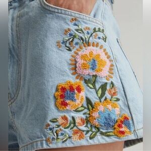 Farm Rio Embroidered Light Blue Denim Shorts Floral Accent